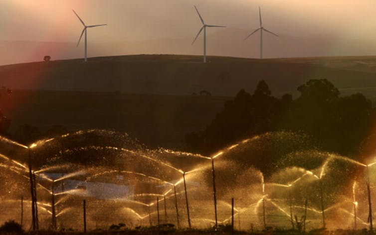 Turbines on a wind farm outside Caledon near Cape Town, South Africa.
Photo by Nardus Engelbrecht/Gallo Images/Getty Images