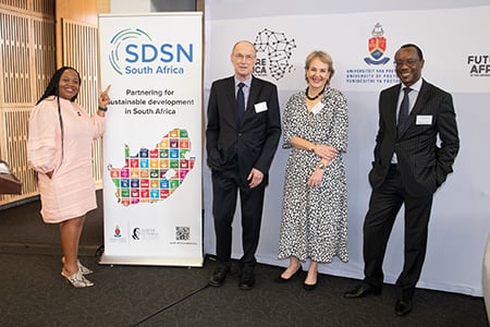 From left: Dr Thandi Mgwebi, Deputy Vice Chancellor: Research, Innovation, and Internationalisation Nelson Mandela University; Professor Peter Lennie, Executive Director of the Worldwide Universities Network; Dr Heidi Hackman, Interim Director Future Africa at UP; and Professor Tawana Kupe, Chair of SDSN South Africa Network.