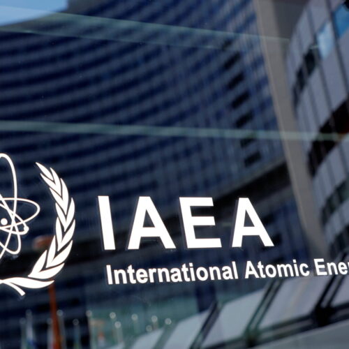 FILE PHOTO: The logo of the International Atomic Energy Agency (IAEA) is seen at their headquarters during a board of governors meeting, amid the coronavirus disease (COVID-19) outbreak in Vienna, Austria, June 7, 2021.   REUTERS/Leonhard Foeger
